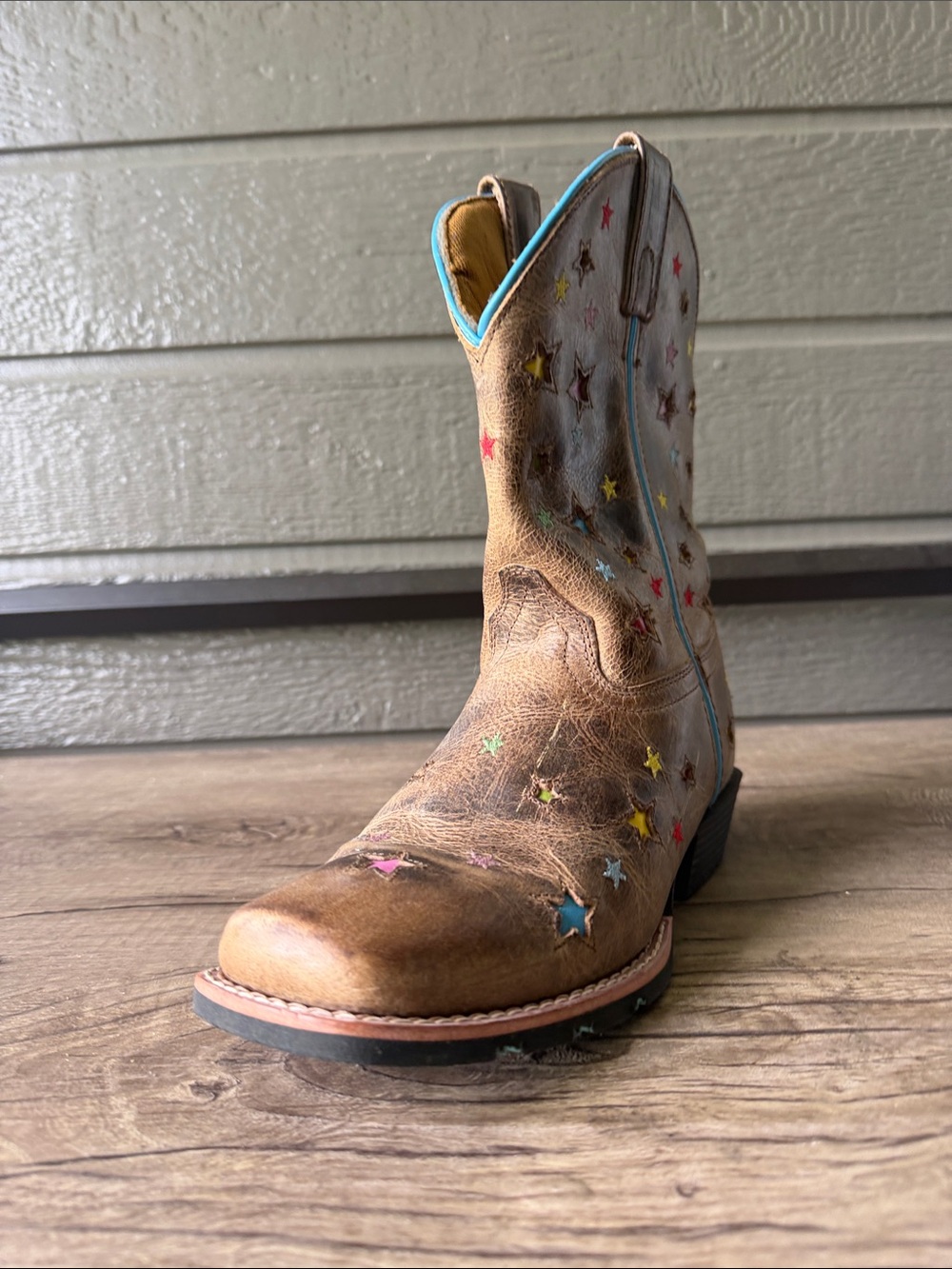 Dan post starlett Brown Leather Star Accent Cowboy Boots Turquoise Trim size 5 - Picture 2 of 7
